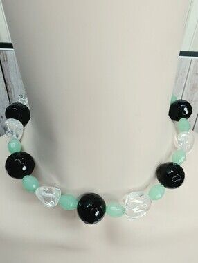 Black Glass & Quartz Statement Necklace Mint Green Glass Beads 17" Toggle